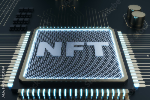 Shiny nft chip on gray background. Non-fungible token and hardware concept. 3D Rendering.