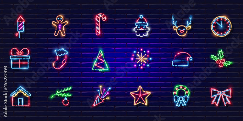 New year symbols neon set. Glowing icons. New Year and Christmas concept. Vector illustration for design.