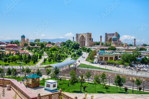 Panorama of Samarkand, Uzbekistan. Parks and pedestrian streets are visible. 15th century Bibi Khanym historical complex is visible in distance