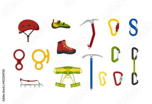 Climbing and tourist equipment icons set of flat vector illustrations isolated.