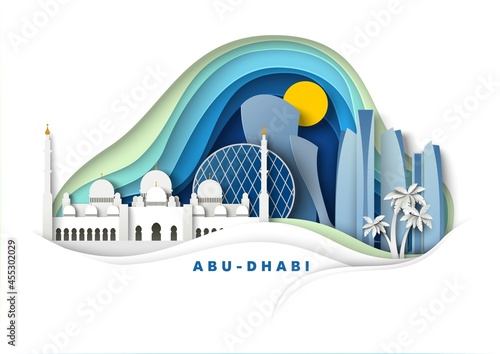 Abu Dhabi city, UAE, vector paper cut illustration. Grand Mosque, famous landmark and tourist attraction. Global travel.