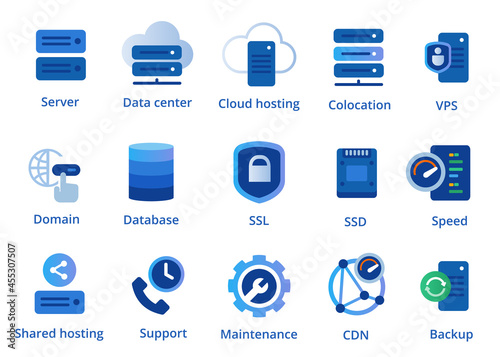 web hosting service icon set from colocation server VPN shared to CDN and SSL