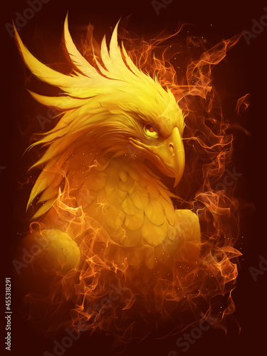 Burning phoenix head on the dark background. Digital painting.