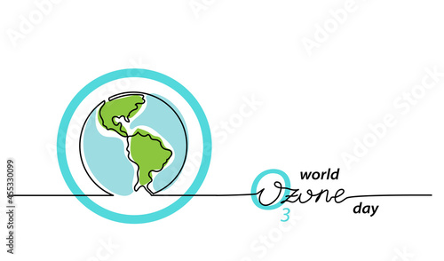World ozone day vector background. Simple one line art planet . Minimalist web banner, poster, illustration. One continuous line drawing with text ozone day