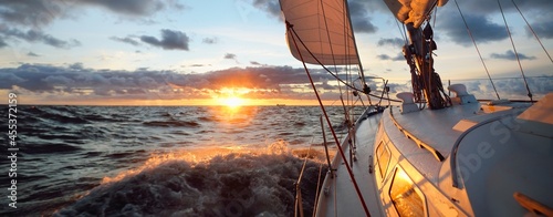 Yacht sailing in an open sea at sunset. Close-up view of the deck, mast and sails. Clear sky after the rain, dramatic glowing clouds, golden sunlight, waves and water splashes, cyclone. Epic seascape