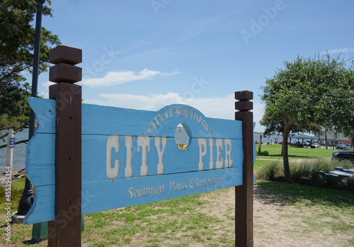 Southport North Carolina City Pier sign and waterfront public park