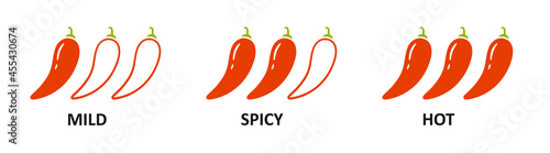 Spice level marks - mild, spicy and hot. Red chili pepper. Chili level icons set. Vector illustration isolated on white background.