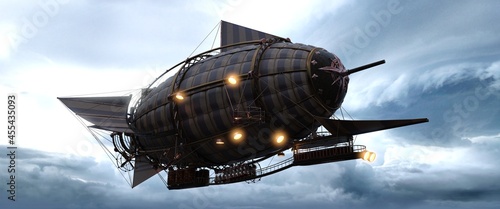 A huge steampunk airship with lights on against the backdrop of an evening stormy sky. Beautiful fantasy 3D illustration. Beautiful fantastic wallpaper