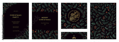 Ornate Merry Christmas and Happy Holidays cards with branches, berries, birds, floral frames and backgrounds design. 