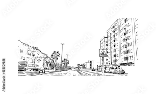 Building view with landmark of La Manga del Mar Menor is a seaside spit of Mar Menor in the Region of Spain. Hand drawn sketch illustration in vector.