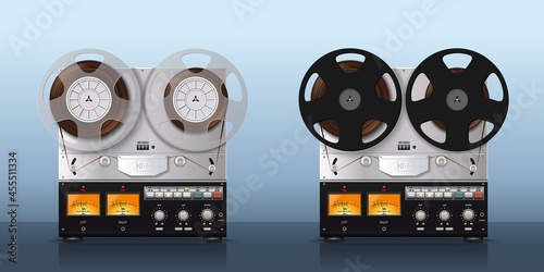 Vintage musical technique set. Reel-to-reel tape recorder set. Musical technique in retro style. Vector illustration