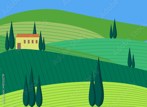Italian landscape with green fields, house and pine trees. Vector illustration. For use in interiors, flyers, invitations, brochures, covers.