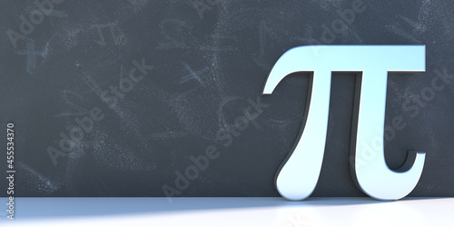 Pi, Greek letter, constant irrational number on school black board background, 3d illustration