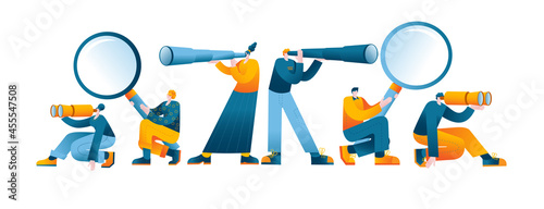 Characters with a telescope and a magnifying glass are looking for something. Vector illustration in a flat style on the topic of searching for information from various sources.