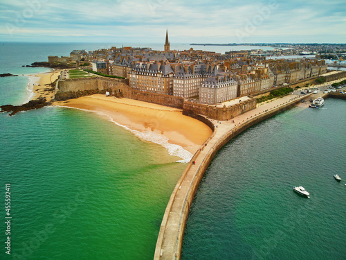 Scenic aerial drone view of Saint-Malo Intra-Muros, Brittany, France