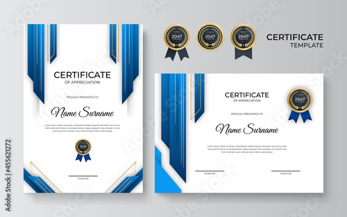 Modern elegant blue and gold diploma certificate template