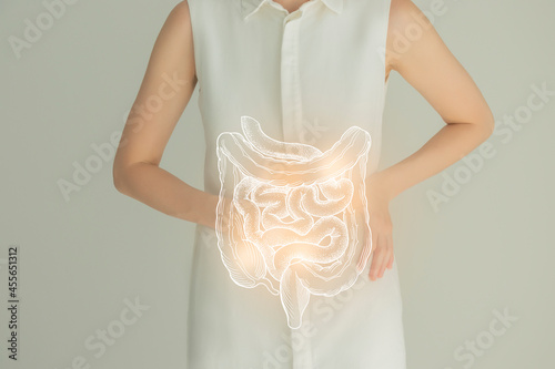 Woman in white clothes holding virtual intestine in hand. Handrawn human organ, detox and healthcare, healthcare hospital service concept stock photo