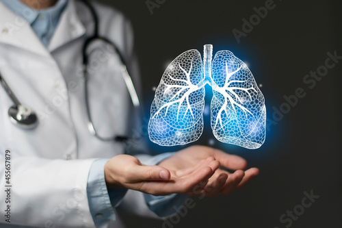 Pulmonologist doctor, lungs specialist. Aesthetic handdrawn highlighted illustration of human lings. Dark grey background, studio photo and collage.