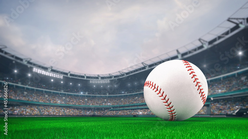 Grassy field and baseball ball with stadium bulding background. Digital 3D illustration for sport advertisement.