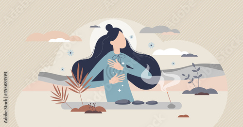 Self reiki as alternative medicine with energy healing tiny person concept. Relaxation and recovery for yourself after trauma, disease or illness to get back peace and harmony vector illustration.