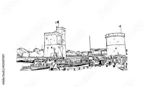 Building view with landmark of La Rochelle is the city in France. Hand drawn sketch illustration in vector.