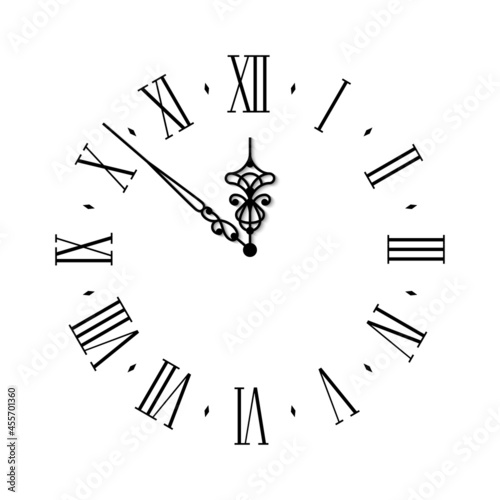 Elegant classic black wall clock face with vintage hour hand isolated on white background. Vector illustration. Roman numeral watch