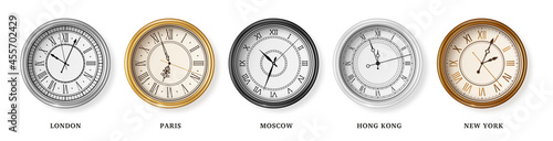 Set of vintage retro 3d wall clock for time zones different cities, London, Moscow, Paris and Hong Kong. Vector illustration. Business metal watch face icon