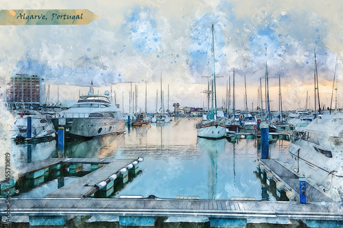 yacht harbor in Algarve, in watercolor sketch style