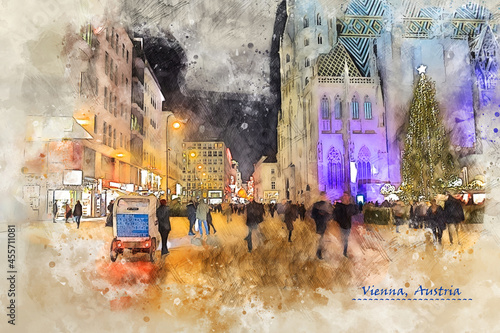 city life of Vienna, Austria, in sketch style
