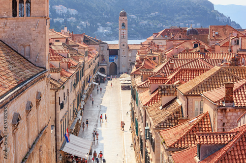 Summer cityscape - top view of Stradun or Placa is the main street in the Old Town of Dubrovnik on the Adriatic Sea coast of Croatia, 23 June, 2019