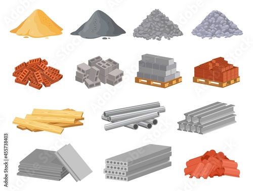 Cartoon construction building materials, sand and gravel pile. Brick stacks, metal pipes, cement. Building supplies for renovation vector set. Wooden planks and stones for repair works