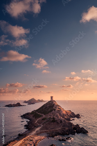 Sunset over the Genoese tower and lighthouse at Pointe de la Parata and Les Iles Sanguinaires near Ajaccio in Corsica