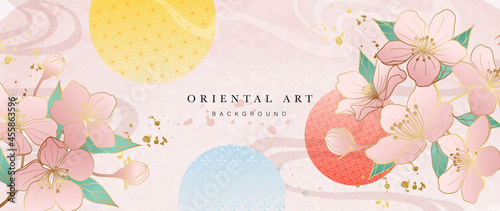 Luxury oriental style background vector. Chinese and Japanese oriental line art with golden texture. Wallpaper design with The sun and cherry blossom and Ocean and wave wall art. Vector illustration.