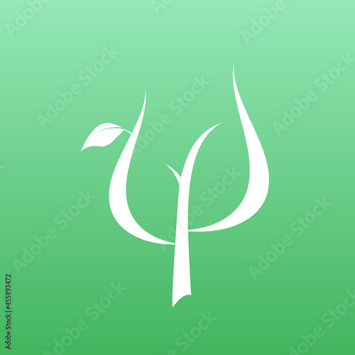 Logo for psychologists. Greek letter Psi with leaves. Neuropsychology and psychology logo