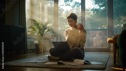 Young Woman Using Laptop at Home Does Remote Work. Beautiful Girl Sitting on the Floor Uses Internet, use Social Media, Write Project. Sunny Stylish Living Room Perfect for Productive Work