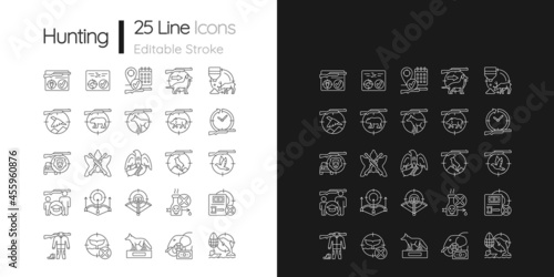 Wild animals hunting linear icons set for dark and light mode. Big and small game hunting. Hunt license. Customizable thin line symbols. Isolated vector outline illustrations. Editable stroke
