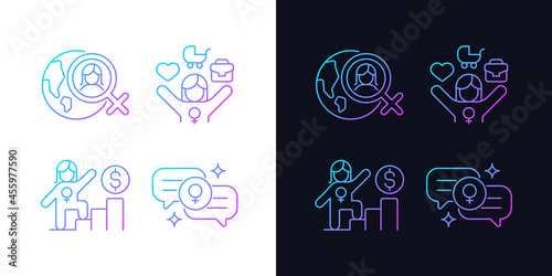 Mainstream feminism gradient icons set for dark and light mode. Working mom. Career ladder. Thin line contour symbols bundle. Isolated vector outline illustrations collection on black and white