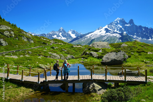 Idyllic landscape with Mont Blanc mountain range in sunny day. Hikers on trip in the Nature Reserve Aiguilles Rouges, French Alps, France, Europe.