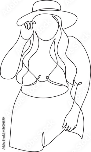 Beautiful woman plus size body line art illustration. Minimalist linear female oversize figure. Abstract nude sensual line art. Simple body positive elegant poster.