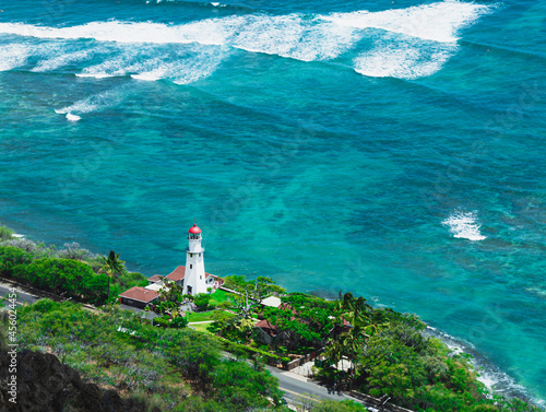 Diamond Head Lighthouse, Honolulu, Hawaii Shoreline with Waves Coming in
