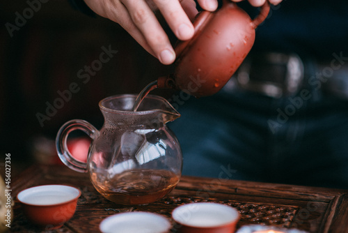 Traditional chinese red oolong tea ceremony process closeup