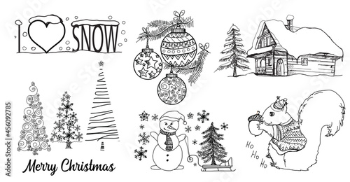 Wesołych Świąt, szkic, rysunek zima, domek drewniany, bałwan