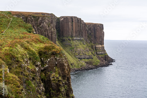 View toward the pillars of the Kilt Rock in the Isle of Skye in Scotland.
