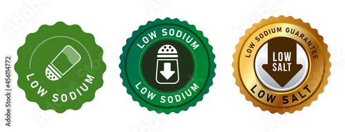 low sodium reduced salt label stamp design isolated for packaging in green and gold round seal stamp