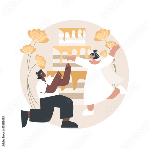 Mixed marriage abstract concept vector illustration. Interracial marriage, different races and religions, happy multiracial family, mixed couple, wedding day rings, traditional abstract metaphor.