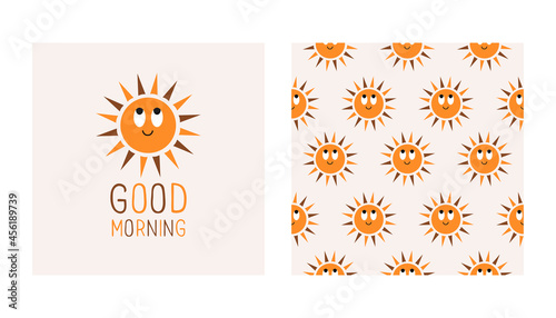 Cute sun with inscription good morning and seamless pattern on pastel background. Modern minimal vector illustration for wallpaper, fabric design, nursery bedroom