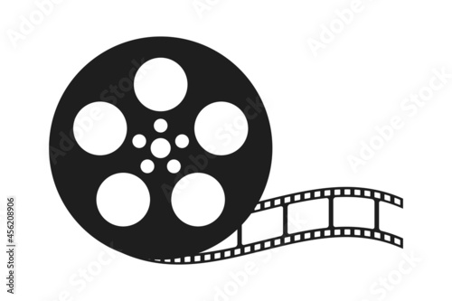 Film reel movie icon. Old retro reel with film strip on white background. Vector illustration isolated.