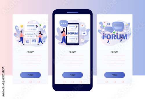 Online forum concept. Chat messages, communication, conversation in social media, networking, dialog in community group. Screen template for mobile, smartphone app. Modern flat cartoon style. Vector