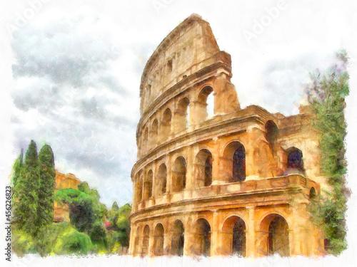 Roman Colosseum. Rome, Italy, Europe. Travel. Architecture and landmark illustration. Watercolor drawing picture of Colosseum