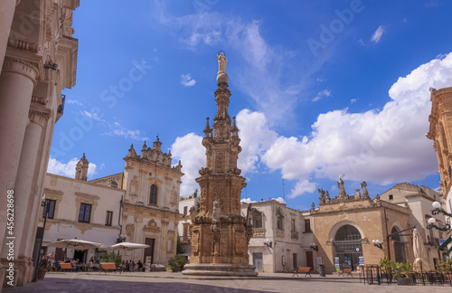 View of the historic centre of Nardò in Apulia, Italy: Salandra Square. In the middle of the square stands the Guglia dell’Immacolata (Immaculate Steeple).